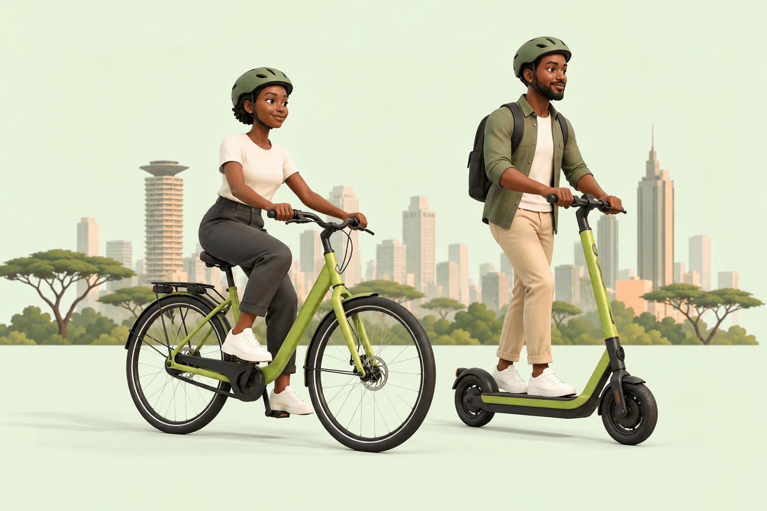 Two helmeted riders on a lime Siaka bicycle and standing electric scooter, with Nairobi’s skyline in soft 3D